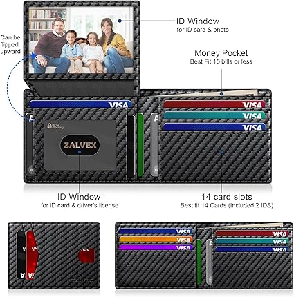 Slim RFID Blocking Leather Wallet for Men – 14 Card Bifold with 2 ID Windows