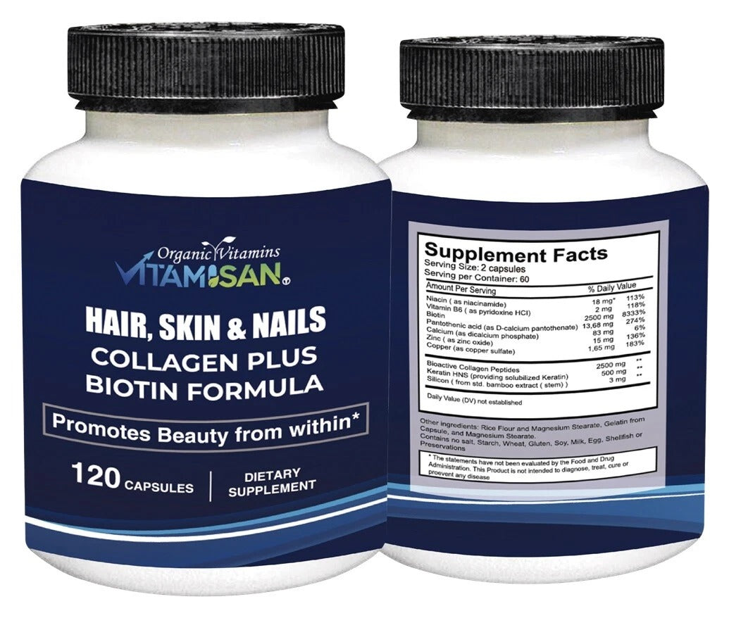 Organic Biotin & Collagen – Hair, Skin & Joint Support | 120 Capsules