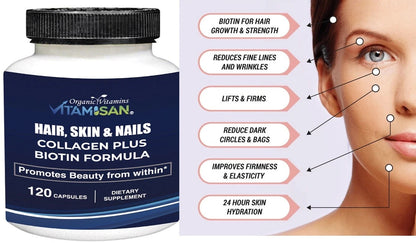 Organic Biotin & Collagen – Hair, Skin & Joint Support | 120 Capsules