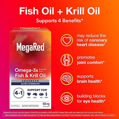 Megared Advanced 4-in-1 Omega-3 900mg – Fish & Krill Oil Supplement | 60 Softgels
