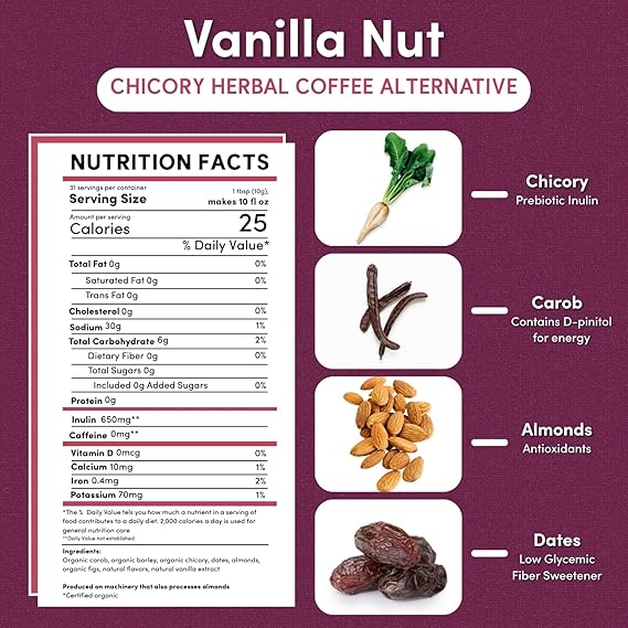 Teeccino Vanilla Nut Chicory Coffee Alternative – Caffeine-Free & Acid-Free Herbal Coffee – 11 oz Ground, Medium Roast