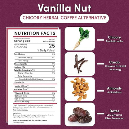 Teeccino Vanilla Nut Chicory Coffee Alternative – Caffeine-Free & Acid-Free Herbal Coffee – 11 oz Ground, Medium Roast