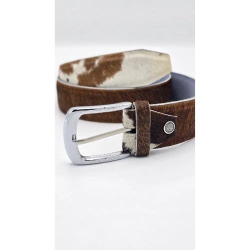Handmade Cowhide Leather Belt – Brown & White Hair-On Hide with Chrome Buckle