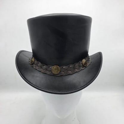 Handmade Black Leather Top Hat – Steampunk Goth Wedding Gift for Men