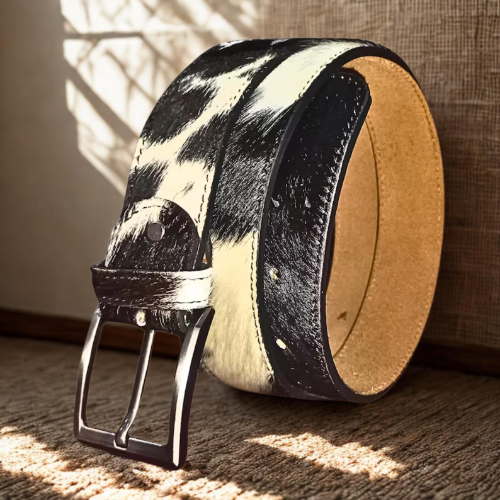 Handmade Cowhide Leather Belt – Brown Cowboy Western Cow Print Belt for Men