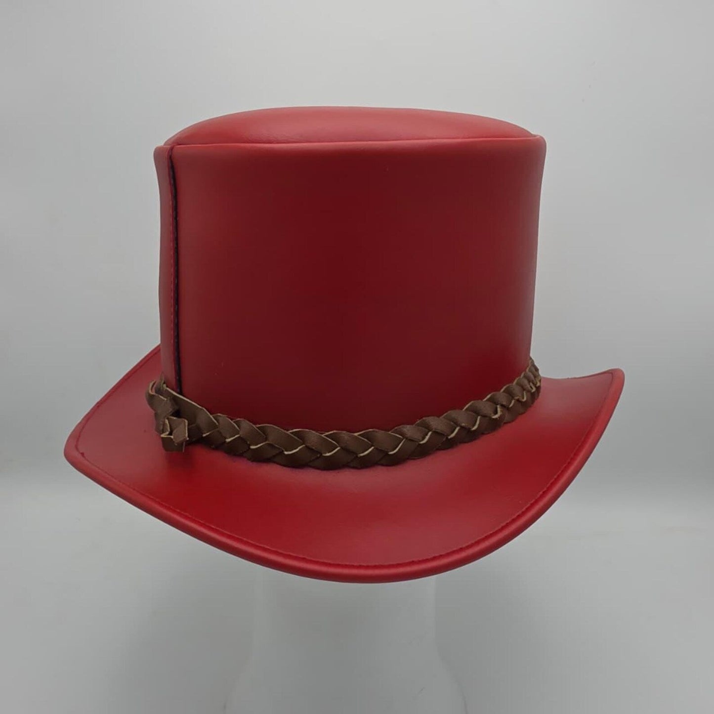 Handmade Red Leather Top Hat – Steampunk Goth Cosplay Accessory.