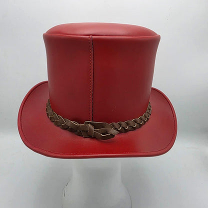 Handmade Red Leather Top Hat – Steampunk Goth Cosplay Accessory.
