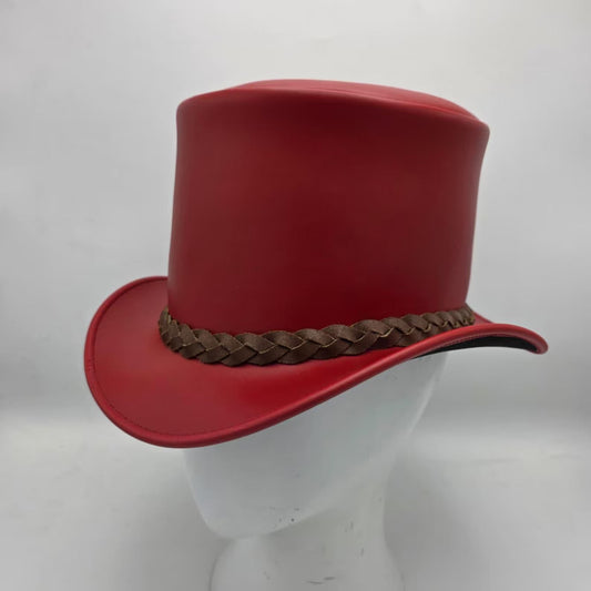 Handmade Red Leather Top Hat – Steampunk Goth Cosplay Accessory.
