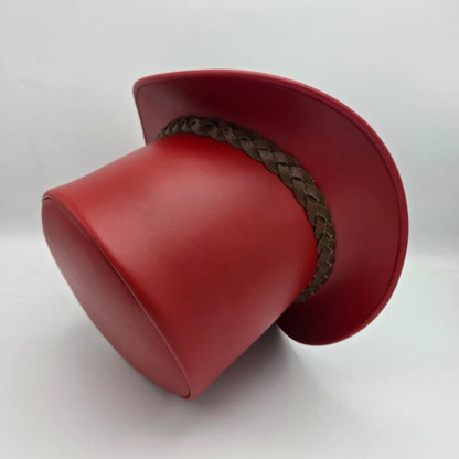 Handmade Red Leather Top Hat – Steampunk Goth Cosplay Accessory.