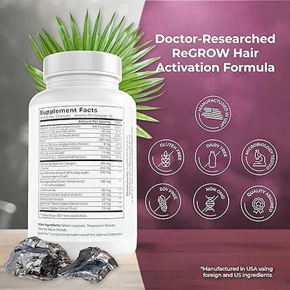 PUREHEALTH RESEARCH ReGrow Hair Growth Vitamins – Biotin, Saw Palmetto & Collagen – 60 Capsules