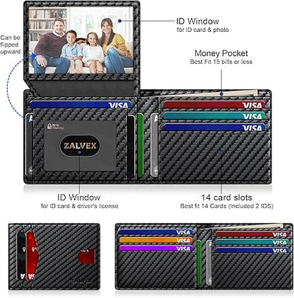 Slim RFID Blocking Leather Wallet for Men – 14 Card Bifold with 2 ID Windows